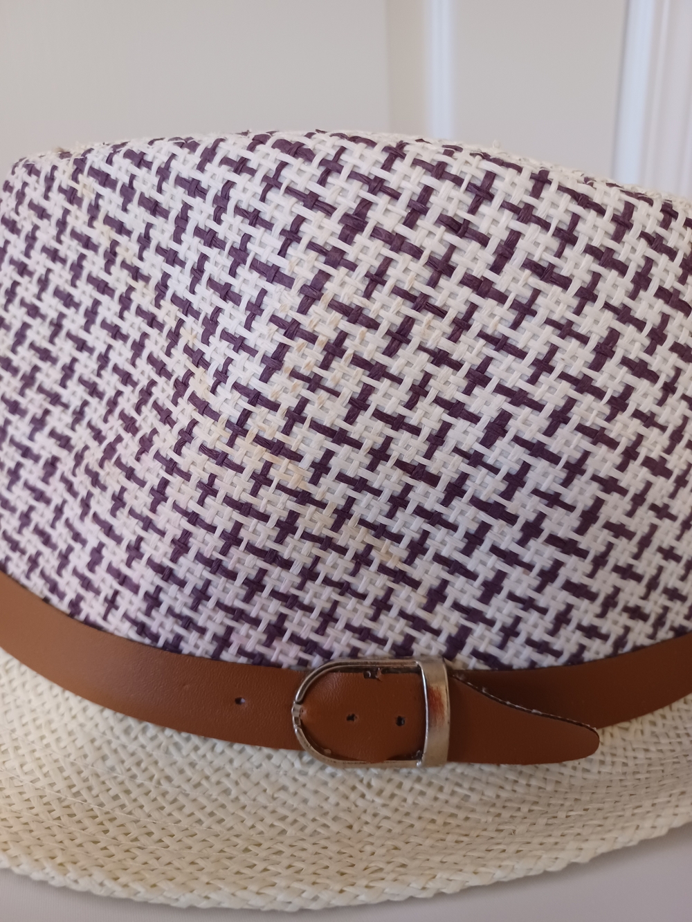 Straw Fedora Hat with Brown Belt - Cream & Purple - Picture 9 of 16